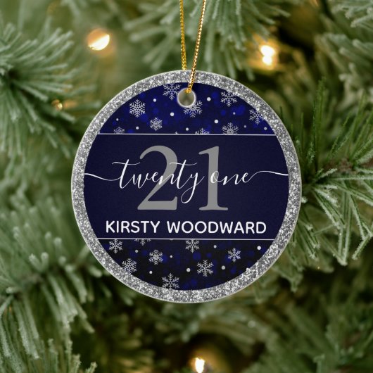 Silver Foil Snowflakes & blue bokeh 21st Birthday Keramisch Ornament (Boom)