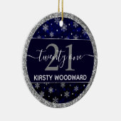 Silver Foil Snowflakes & blue bokeh 21st Birthday Keramisch Ornament (Rechts)