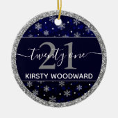 Silver Foil Snowflakes & blue bokeh 21st Birthday Keramisch Ornament (Voorkant)
