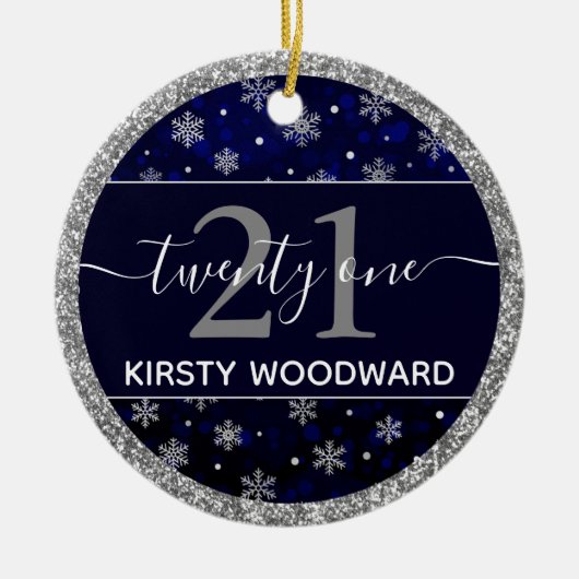 Silver Foil Snowflakes & blue bokeh 21st Birthday Keramisch Ornament (Voorkant)