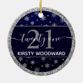 Silver Foil Snowflakes & blue bokeh 21st Birthday Keramisch Ornament (Achterkant)