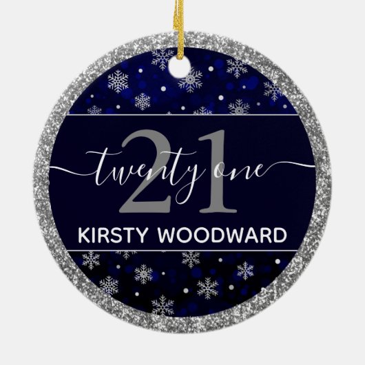 Silver Foil Snowflakes & blue bokeh 21st Birthday Keramisch Ornament (Achterkant)