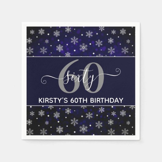 Silver Foil Snowflakes & blue bokeh 60th Birthday Servet (Voorkant)