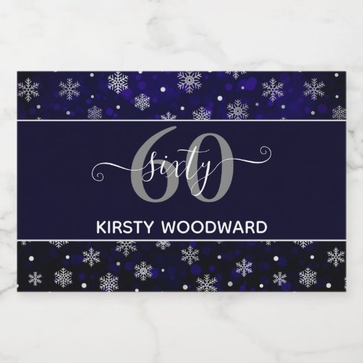 Silver Foil Snowflakes & blue bokeh 60th Birthday Sparkling Wijnetiket (Enkel label)