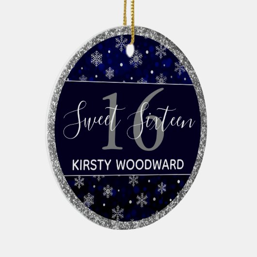 Silver Foil Snowflakes & blue bokeh Sweet 16 Keramisch Ornament (Rechts)