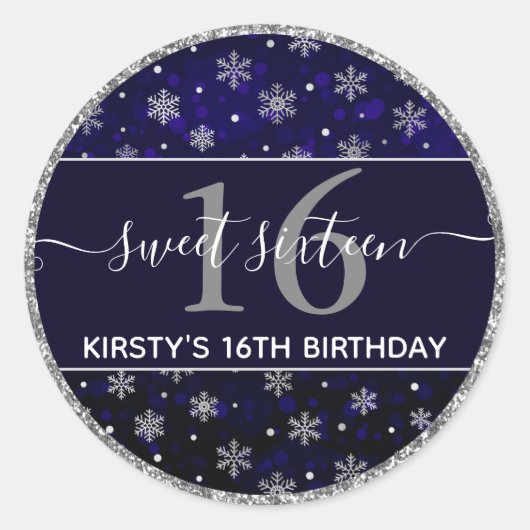 Silver Foil Snowflakes & blue bokeh Sweet 16 Ronde Sticker (Voorkant)