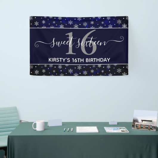Silver Foil Snowflakes & blue bokeh Sweet 16 Spandoek (Beurs)