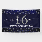 Silver Foil Snowflakes & blue bokeh Sweet 16 Spandoek (Horizontaal)