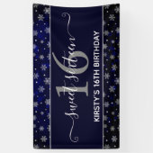Silver Foil Snowflakes & blue bokeh Sweet 16 Spandoek (Verticaal)