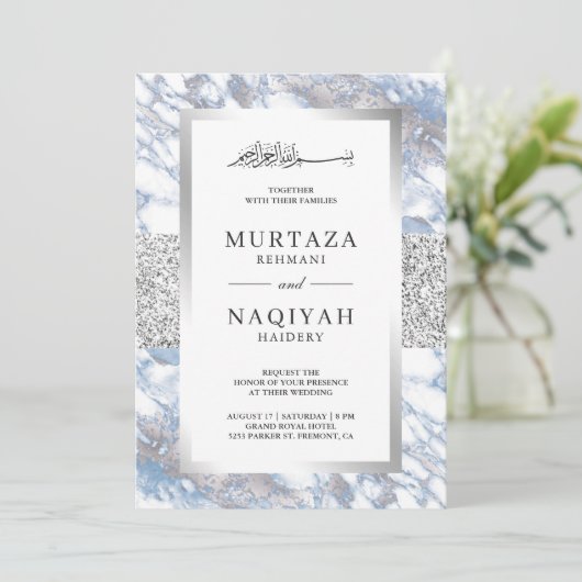Silver Foil Soft Blue Marble Muslim Wedding Kaart (Staand voorkant)