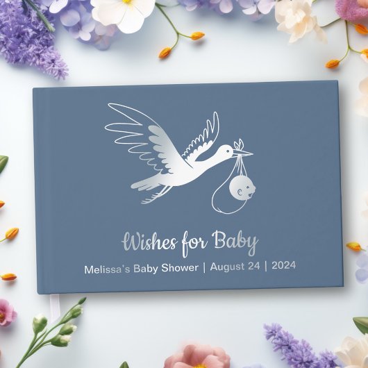 Silver Foil Stork op blauw Baby shower Gastenboek