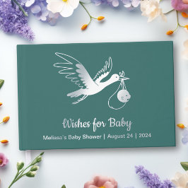 Silver Foil Stork op groen Baby shower Gastenboek