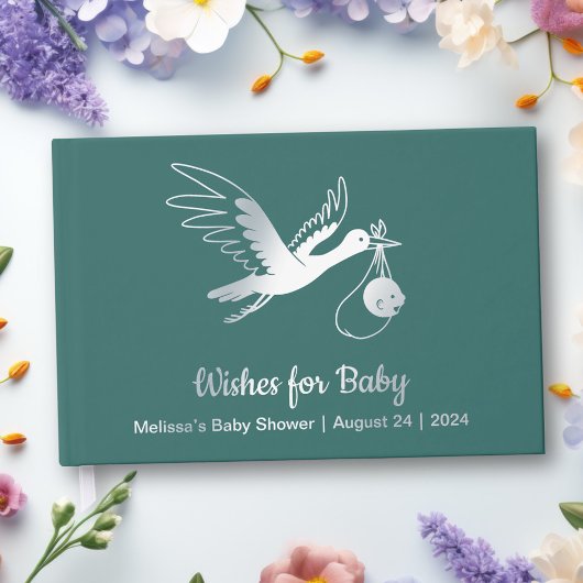 Silver Foil Stork op groen Baby shower Gastenboek