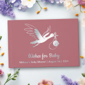 Silver Foil Stork op roze Baby shower Gastenboek