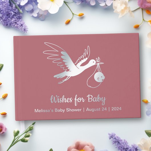 Silver Foil Stork op roze Baby shower Gastenboek