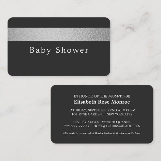 Silver Foil Stripe, Charcoal Baby shower Ticket (Voorkant / Achterkant)