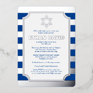 Silver Foil Striped Bar Mitzvah Invite with Star Folie Uitnodiging