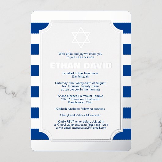 Silver Foil Striped Bar Mitzvah Invite with Star Folie Uitnodiging (Voorkant)