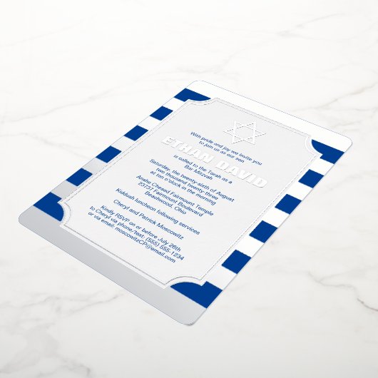 Silver Foil Striped Bar Mitzvah Invite with Star Folie Uitnodiging (Gedraaid)