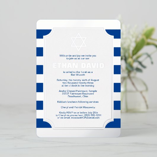 Silver Foil Striped Bar Mitzvah Invite with Star Folie Uitnodiging (Staand Voorkant)