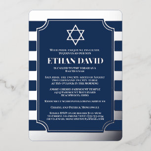 Silver Foil Striped Bar Mitzvah Invite with Star Folie Uitnodiging