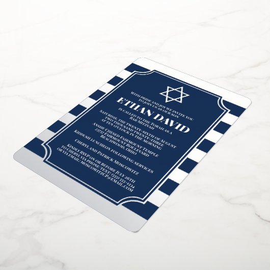 Silver Foil Striped Bar Mitzvah Invite with Star Folie Uitnodiging (Gedraaid)
