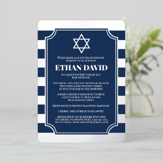 Silver Foil Striped Bar Mitzvah Invite with Star Folie Uitnodiging (Staand Voorkant)
