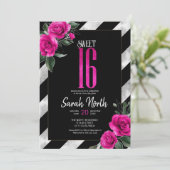 Silver Foil Stripes Floral Hot Pink ID759 Kaart (Staand voorkant)