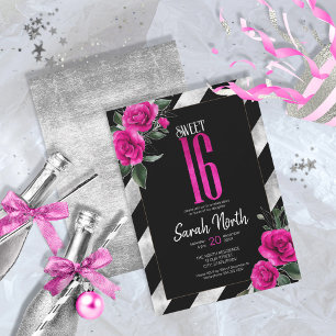 Silver Foil Stripes Floral Hot Pink ID759 Kaart