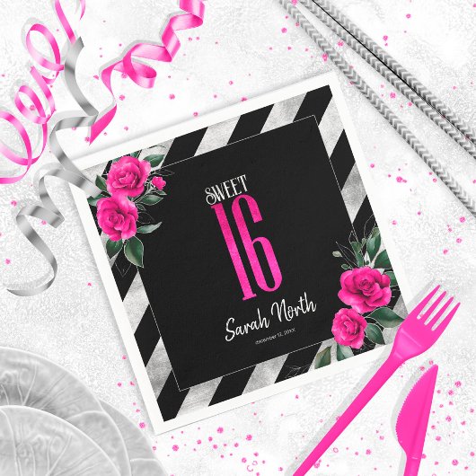 Silver Foil Stripes Floral Hot Pink ID759 Servet