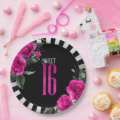 Silver Foil Stripes Floral Sweet 16 Hot Pink ID757 Papieren Bordje (Feest)