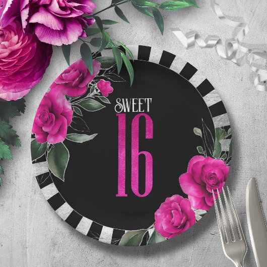 Silver Foil Stripes Floral Sweet 16 Hot Pink ID757 Papieren Bordje