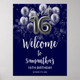 Silver Foil Sweet 16 Balloons Blue Welcome Sign Poster