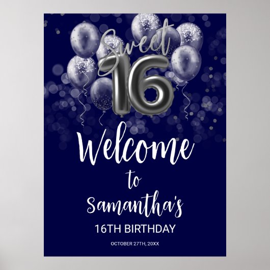 Silver Foil Sweet 16 Balloons Blue Welcome Sign Poster (Voorkant)