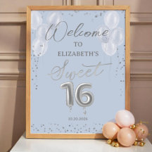 Silver Foil Sweet 16 Balloons Blue Welcome Sign