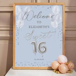 Silver Foil Sweet 16 Balloons Blue Welcome Sign Poster