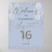 Silver Foil Sweet 16 Balloons Blue Welcome Sign Poster (Voorkant)