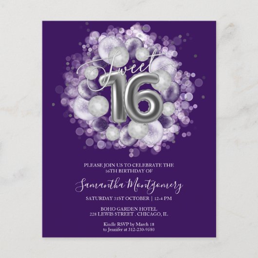 Silver Foil Sweet 16 Balloons Budget Invitation (Voorkant)