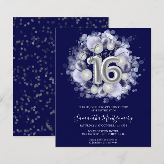Silver Foil Sweet 16 Balloons Budget Invitation (Voorkant / Achterkant)
