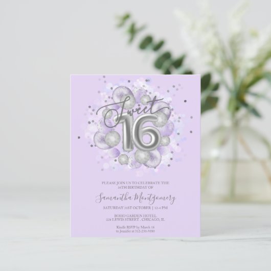 Silver Foil Sweet 16 Balloons Budget Invitation (Staand voorkant)
