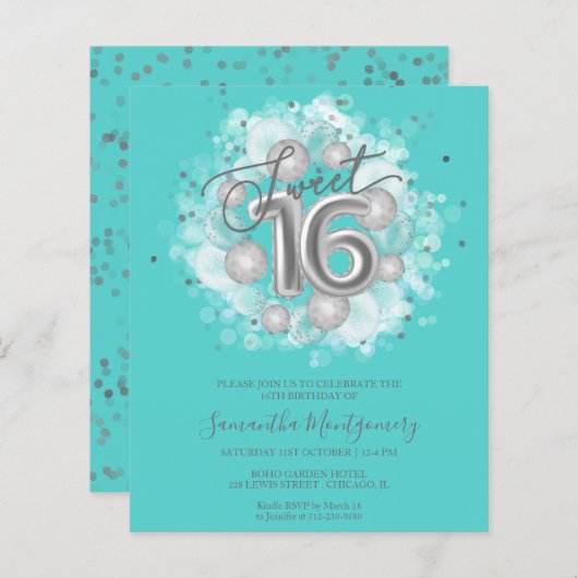 Silver Foil Sweet 16 Balloons Budget Invitation (Voorkant / Achterkant)