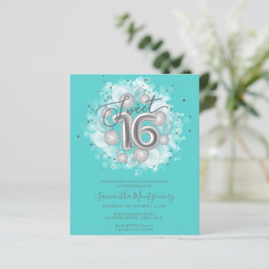 Silver Foil Sweet 16 Balloons Budget Invitation (Staand voorkant)