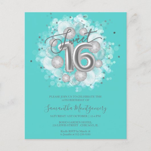 Silver Foil Sweet 16 Balloons Budget Invitation (Voorkant)
