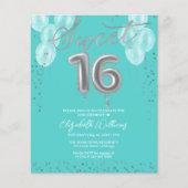 Silver Foil Sweet 16 Balloons Budget Invitations (Voorkant)