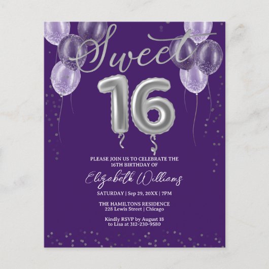 Silver Foil Sweet 16 Balloons Budget Invitations (Voorkant)