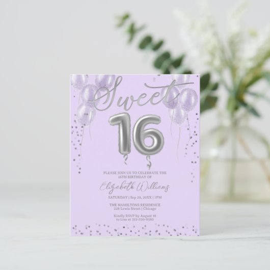 Silver Foil Sweet 16 Balloons Budget Invitations (Staand voorkant)