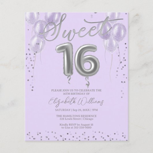 Silver Foil Sweet 16 Balloons Budget Invitations (Voorkant)