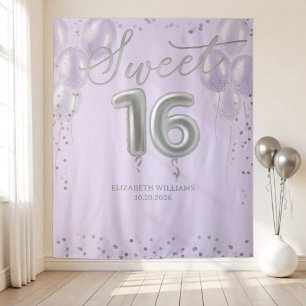 Silver Foil Sweet 16 Balloons Lavender Backdrop Wandkleed