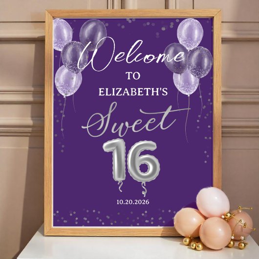 Silver Foil Sweet 16 Balloons Paars Welkomstteken Poster