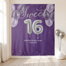 Silver Foil Sweet 16 Balloons Paarse achtergrond